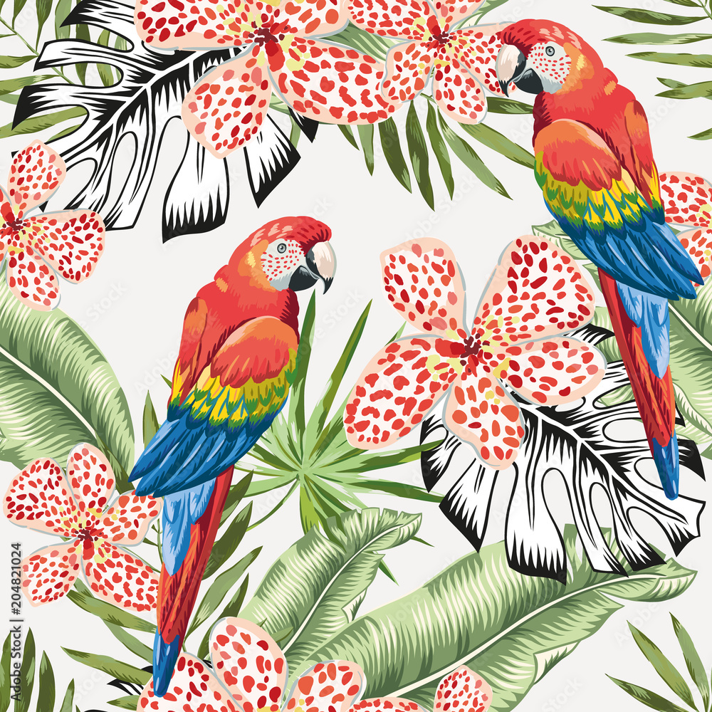 Naklejka premium Red macaw parrots and green banana palm leaves, flowers background. Vector floral seamless pattern. Tropical jungle foliage illustration. Exotic plants greenery. Summer beach design. Paradise nature.