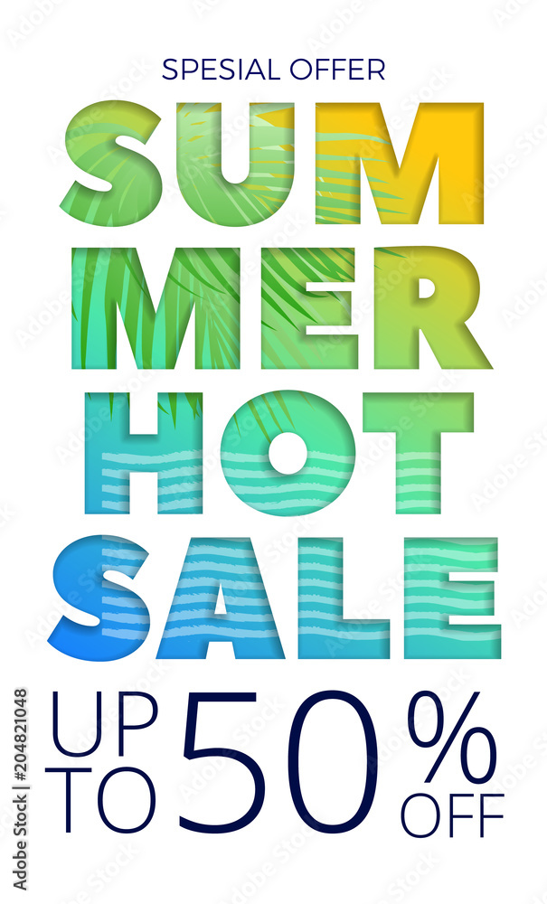 Summer hot sale poster with beautiful lettering. A large summer sale poster, advertising, booklet. Illustration with isolated design elements