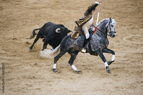 Corrida. Matador i koń walczą w typowej hiszpańskiej walce byków