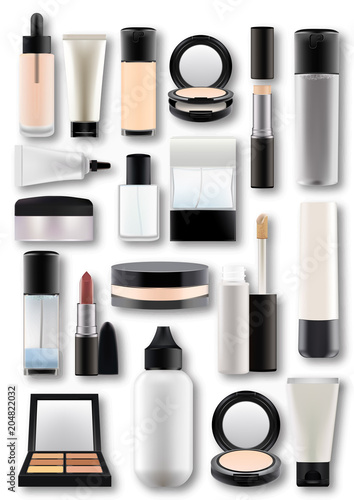 Vector illustration in photorealistic style.Set of realistic cosmetic bottles.Plastic,matte transparent,glass flacons with decorative cosmetics. Isolated objects on white background.