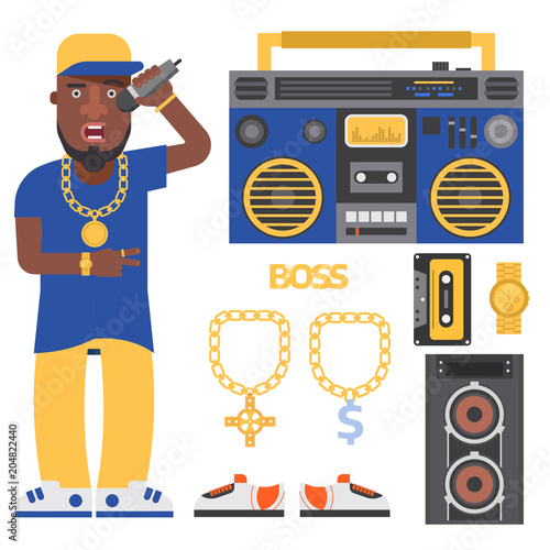 Hip hop man accessory musician vector accessories microphone breakdance expressive rap modern young fashion person adult people illustration.