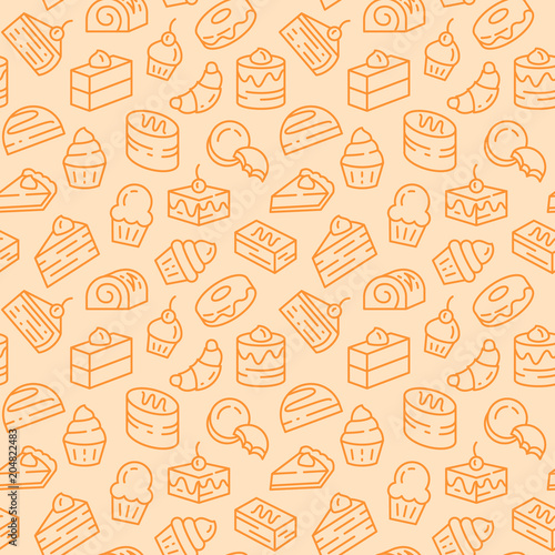 Baked desserts related seamless pattern with cakes, biscuits and pie in line art with editable stroke.
