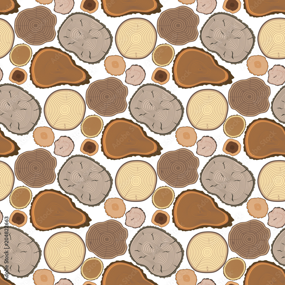 Tree wood trunk slice texture circle cut wooden raw material vector detail plant years history textured rough forest tree top seamless pattern background. Tree wood trunk slice texture circle cut wooden raw material vector detail plant years history textured rough forest tree top seamless pattern background.
