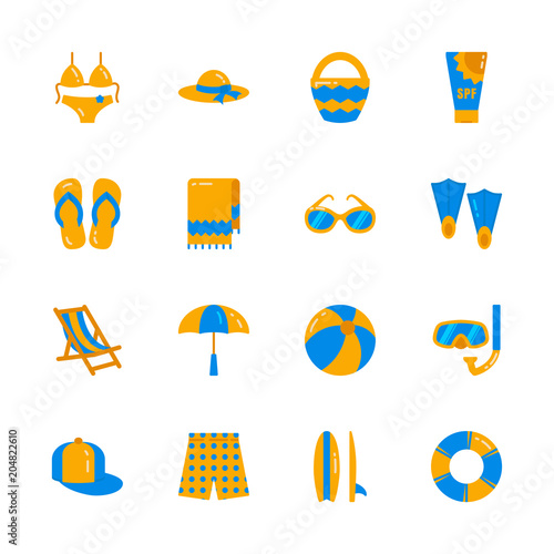 Summer beach vacation accessories set - various elements of resort recreation isolated on white background.