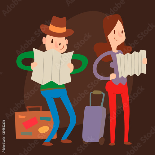 Traveler people searching right direction on map vector traveling freedom and active character lifestyle concept illustration.