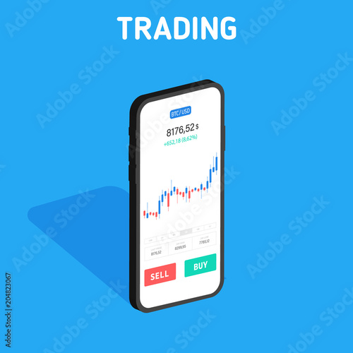 Bitcoin Exchange. Cryptocurrency Technology. Smartphone Clean Mobile UI Design Concept. Trendy Mobile Banking in isometric Financial analytics. Trading Business Application Template. Vector