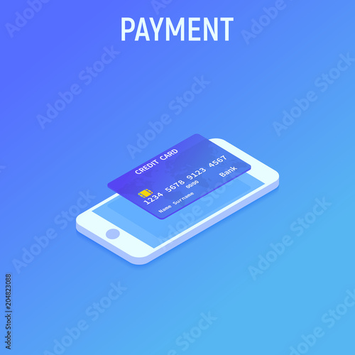 Smartphone and Cradit card. NFC payment. Isometric style. Vector illustration background.