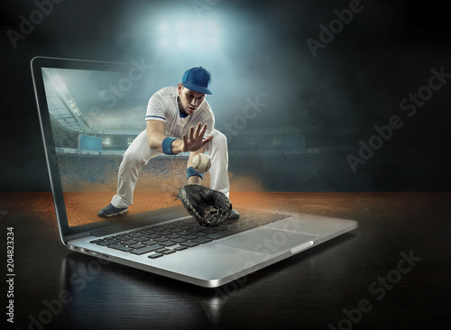 Photography Caucasian baseball Players in dynamic action with ball
