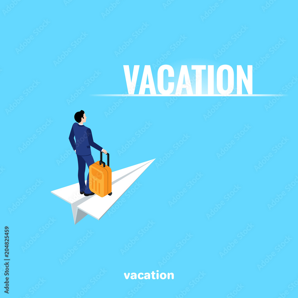 a man in a business suit with a suitcase flies on a white paper airplane, an isometric image a man in a business suit with a suitcase flies on a white paper airplane, an isometric image
