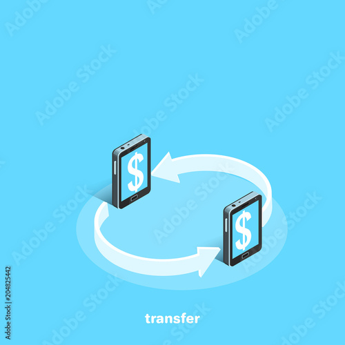 smartphones and arrows connecting them, isometric image