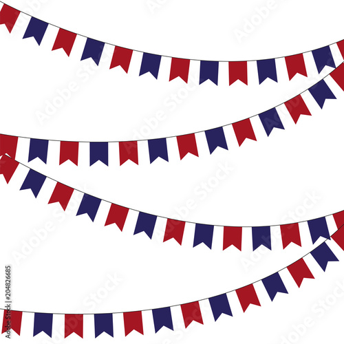 Festive garlands of red blue flags on a white background.
