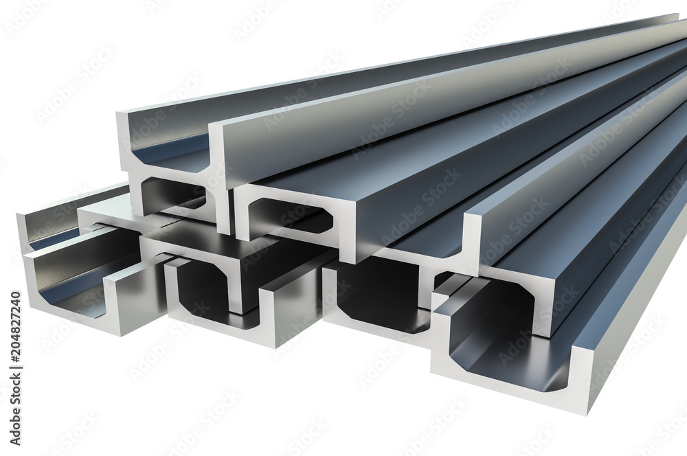 Steel metal profiles in u-bar shape - industry concept Steel metal profiles in u-bar shape - industry concept