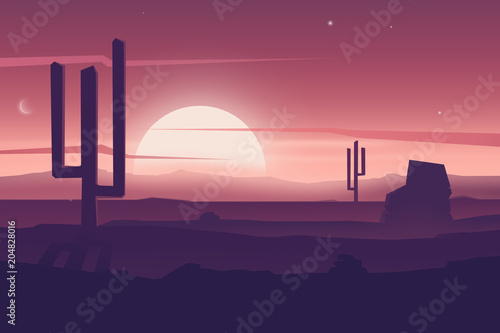 Cartoon desert landscape with cactus, hills silhouettes, vector nature horizontal background