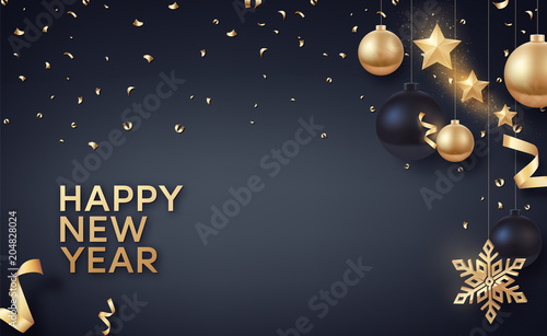 Fototapeta Naklejka Na Ścianę i Meble -  Gold and black Christmas balls with gold stars and big golden snowflake. Vector background for happy new year and Christmas.