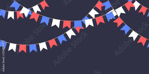 Seamless garland with celebration flags chain, white, blue, red pennons on dark background, footer and banner for decoration