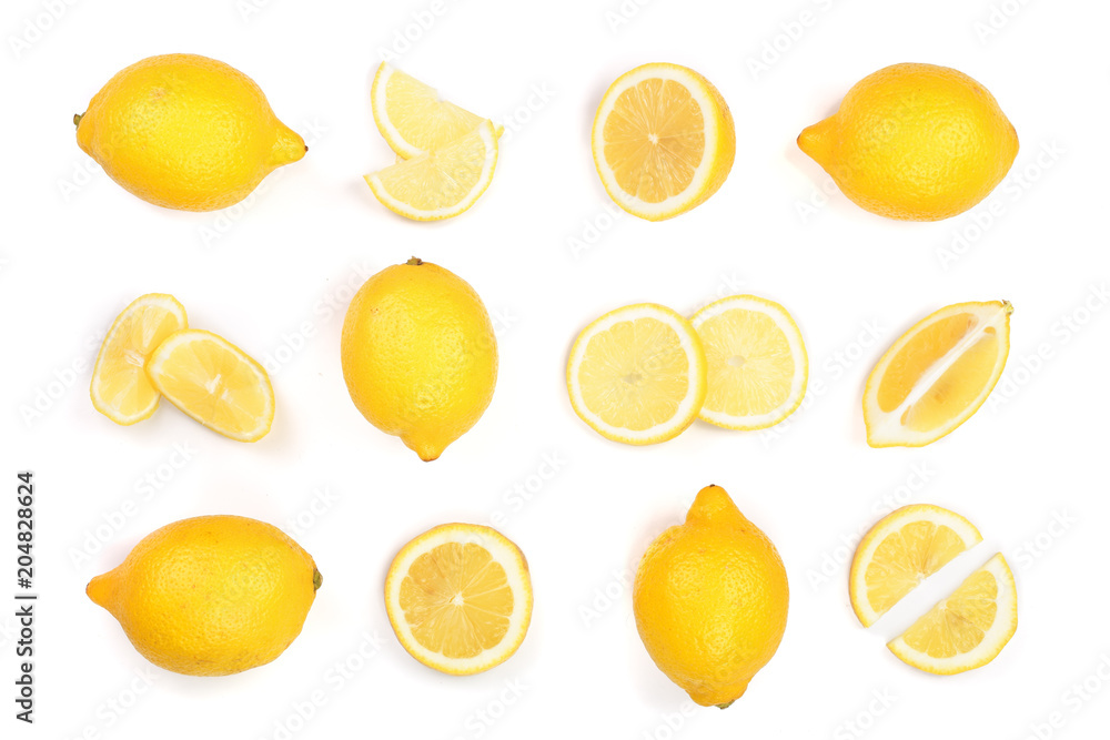 Lemon isolated on white background. Seamless pattern with fruits. Top view. Flat lay