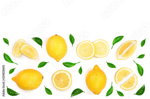 Lemon decorated with green leaves isolated on white background with copy space for your text. . Top view. Flat lay