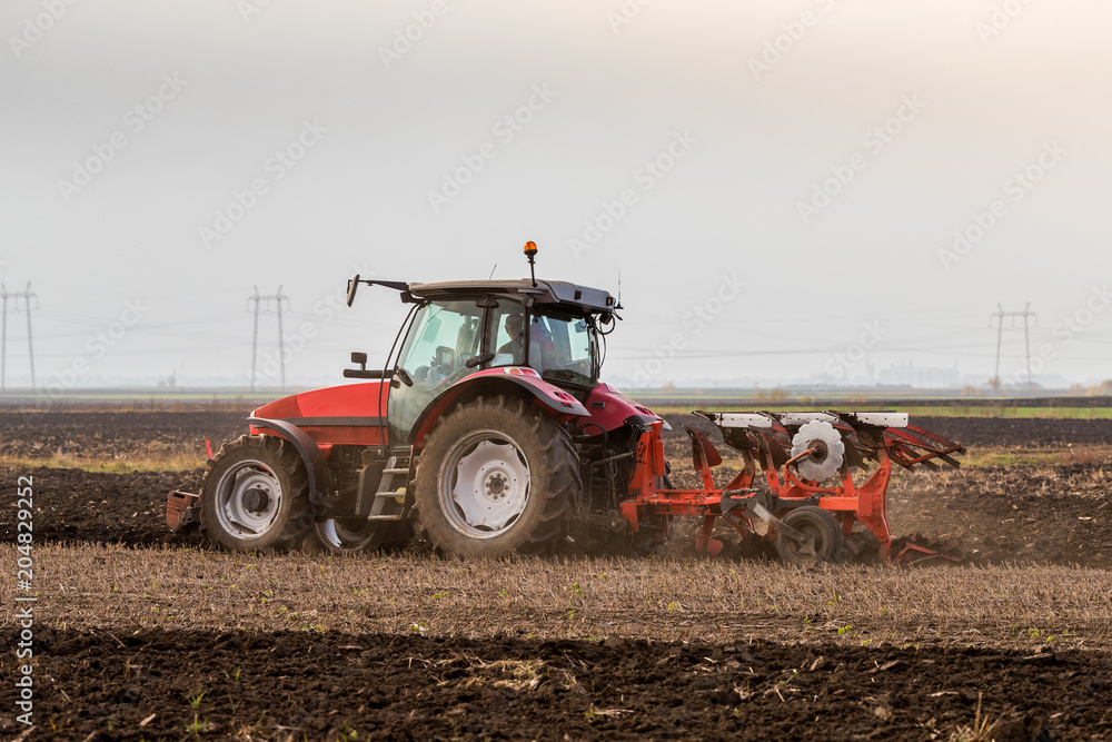 Fototapeta premium Farmer plowing stubble field
