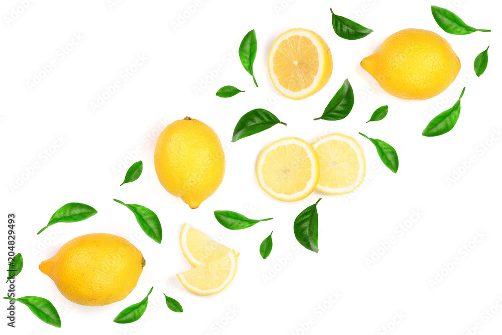 custom made wallpaper toronto digitalLemon decorated with green leaves isolated on white background with copy space for your text. . Top view. Flat lay