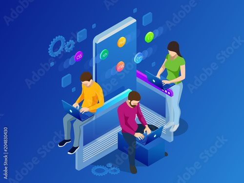 Isometric Mobile Applications concept. Developing programming and coding technologies concept. UX UI User Interface and User eXperience Process