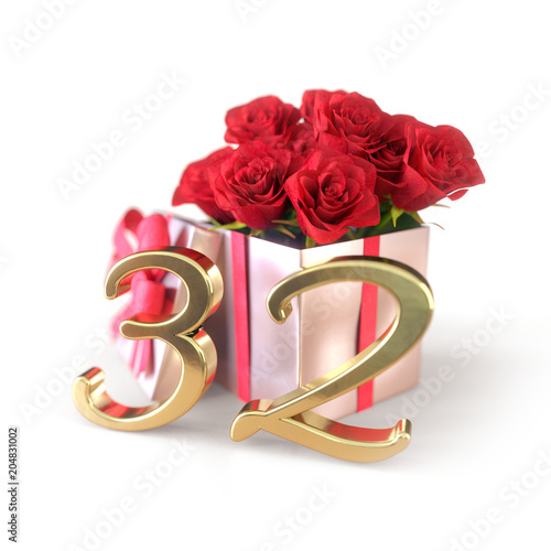 birthday concept with red roses in gift isolated on white background. thirty-second. 32nd. 3D render