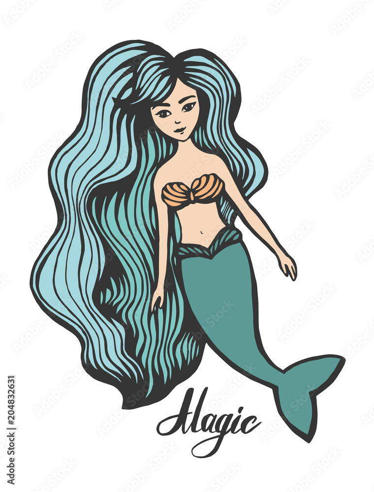 Mermaid with long hair. Hand-Drawn summer Doodle. Vector Illustration cartoon character. Young girl. vector illustration for t shirt printing and embroidery. Mermaid with long hair. Hand-Drawn summer Doodle. Vector Illustration cartoon character. Young girl. vector illustration for t shirt printing and embroidery.