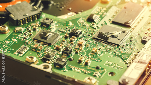 Circuit Board, Electronic Semiconductor Parts Covered in Water Droplets