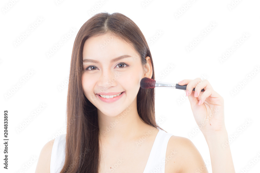 Beauty asian woman applying make up with brush of cheek isolated on white background, beautiful of girl holding blusher, skincare and cosmetic concept. Beauty asian woman applying make up with brush of cheek isolated on white background, beautiful of girl holding blusher, skincare and cosmetic concept.