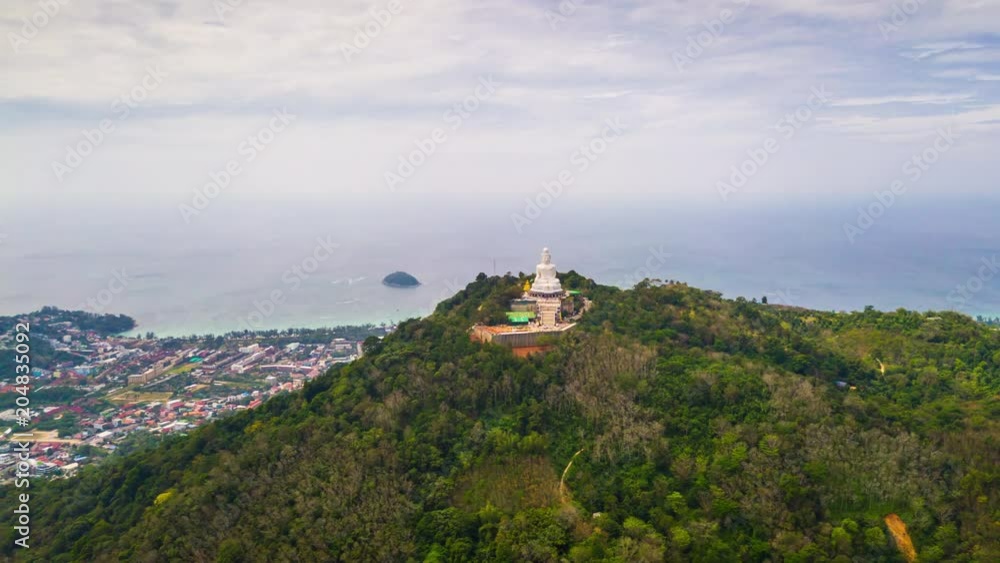 day light phuket island famous big buddha monument aerial panorama 4k timelapse thailand
