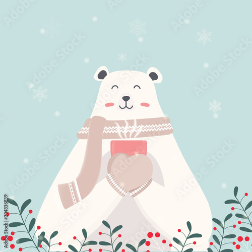 Cute Polar Bear drinking hot cocoa.