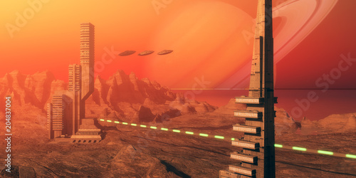 Fototapeta Naklejka Na Ścianę i Meble -  Titan Moon Habitat - Skyscrapers are part of a colony based on Saturn's moon called Titan as flying saucers come in for a landing nearby.
