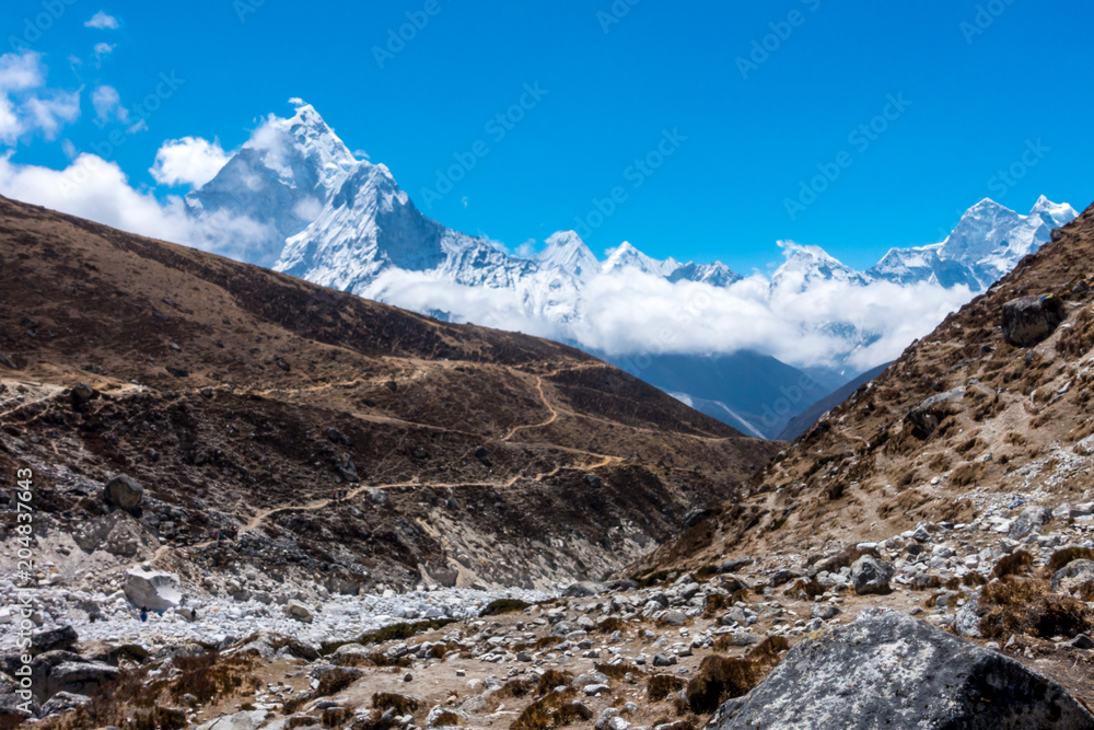 Ama Dablam mountain range, way from Dingboche to Lobuche, Everest base camp trek, Himalayas, Nepal
