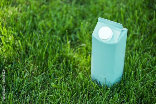 close up view of blank blue milk package on green lawn