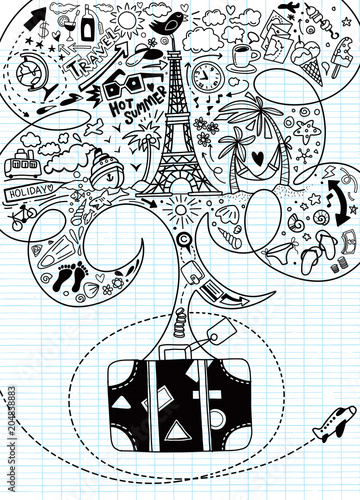 World Travel Set. Hand drawn simple vector sketches collection