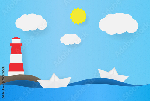 Origami boat on the waves. Paper ship background with lighthouse on the shore, clouds and sun. Vector illustration of beacon.
