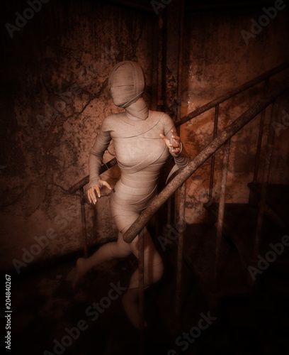 Fotografering Halloween mummy in haunted house or woman with bandages on her in abandoned buil