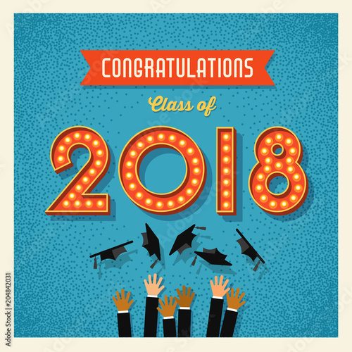 2018 graduation card or banner design with vintage light bulb sign numbers. Vector illustration.