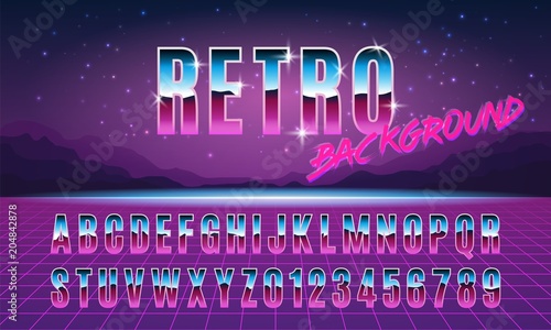 Retro background and font in style the 80s. Poster template. Vector illustration.