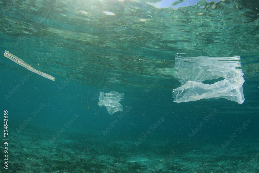 Fototapeta premium Plastic pollution in ocean. Plastic bags, bottles and straws pollute sea