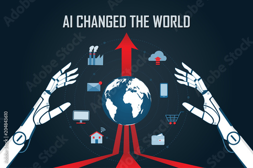 AI robot hands holding the planet earth.