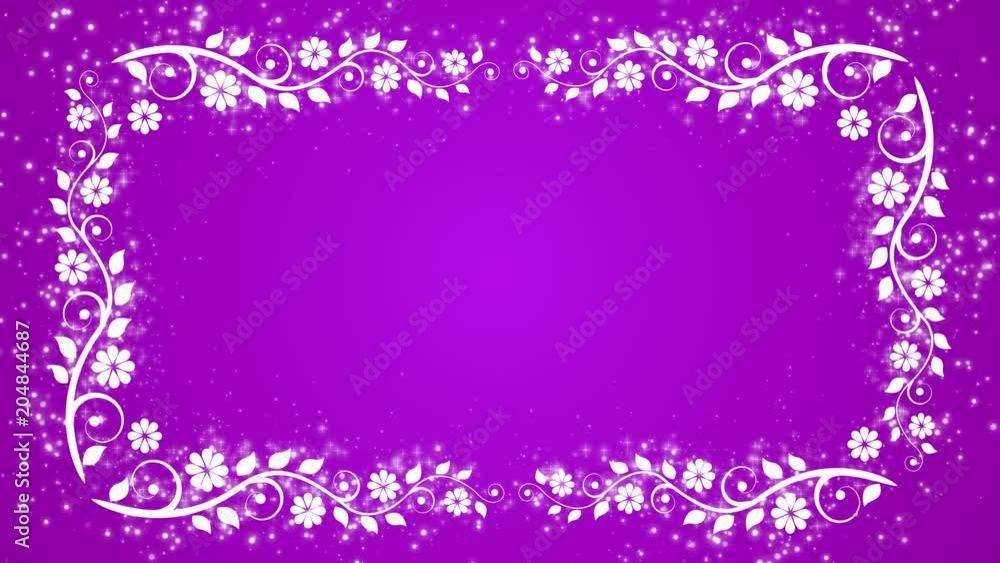 Abstract purple background with flower frame and glowing particles Abstract purple background with flower frame and glowing particles