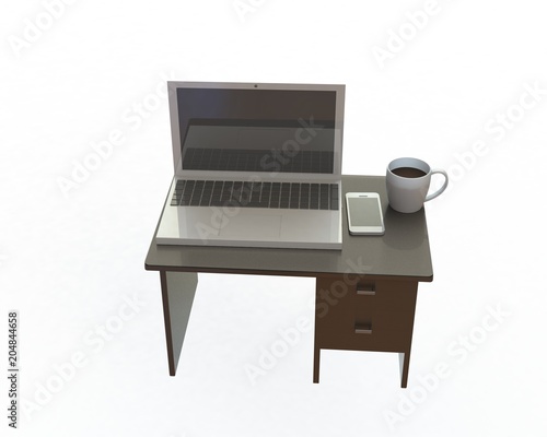 Work desk, telephone with computer coffee cup isolated from the white background. 3 dimensional display