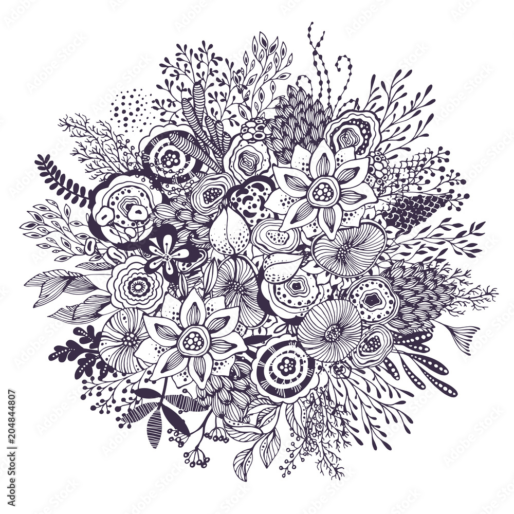 Plakat Beautiful fantasy bouquet with hand drawn flowers, plants, branches.