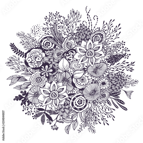 Beautiful fantasy bouquet with hand drawn flowers  plants  branches.