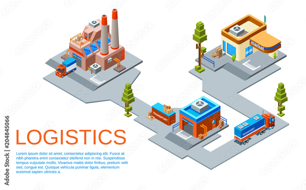 Vector isometric logistics and transportation business concept. Route from goods manufacturing plant to transit warehouse and to the market store provided by cargo trucks of delivery service.