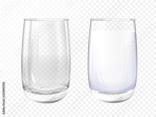 Vector realistic glass empty and milk cup on transparent background. 3d glassware for water, juice, bar beverage and soft, alcohol drink. Fragile crockery mockup for restaurant, cafe design.