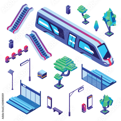 Metro train station vector illustration of isometric isolated icons. Underground or subway railway station elements of passenger platform, escalators stairs for layout plan construction