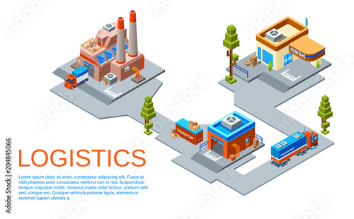 Vector isometric logistics and transportation business concept. Route from goods manufacturing plant to transit warehouse and to the market store provided by cargo trucks of delivery service.