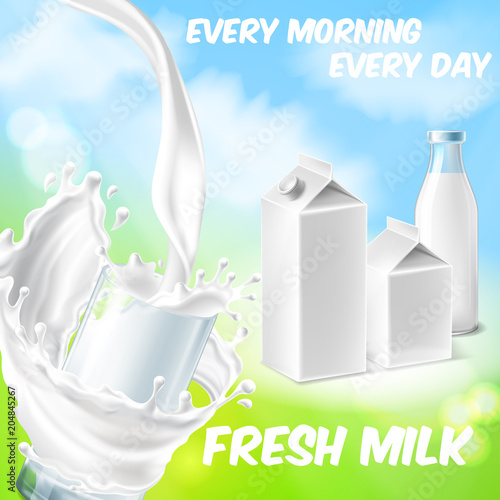 Vector colorful background with fresh milk, pouring in drinking glass and splashing. Realistic set with bottle, white packages, cardboard boxes for natural dairy products. Mockup for brand advertising