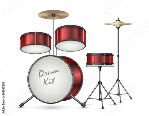 Drum kit realistic vector illustration isolated on background. Professional percussion musical instruments for playing rock, jazz, instrumental and electronic music